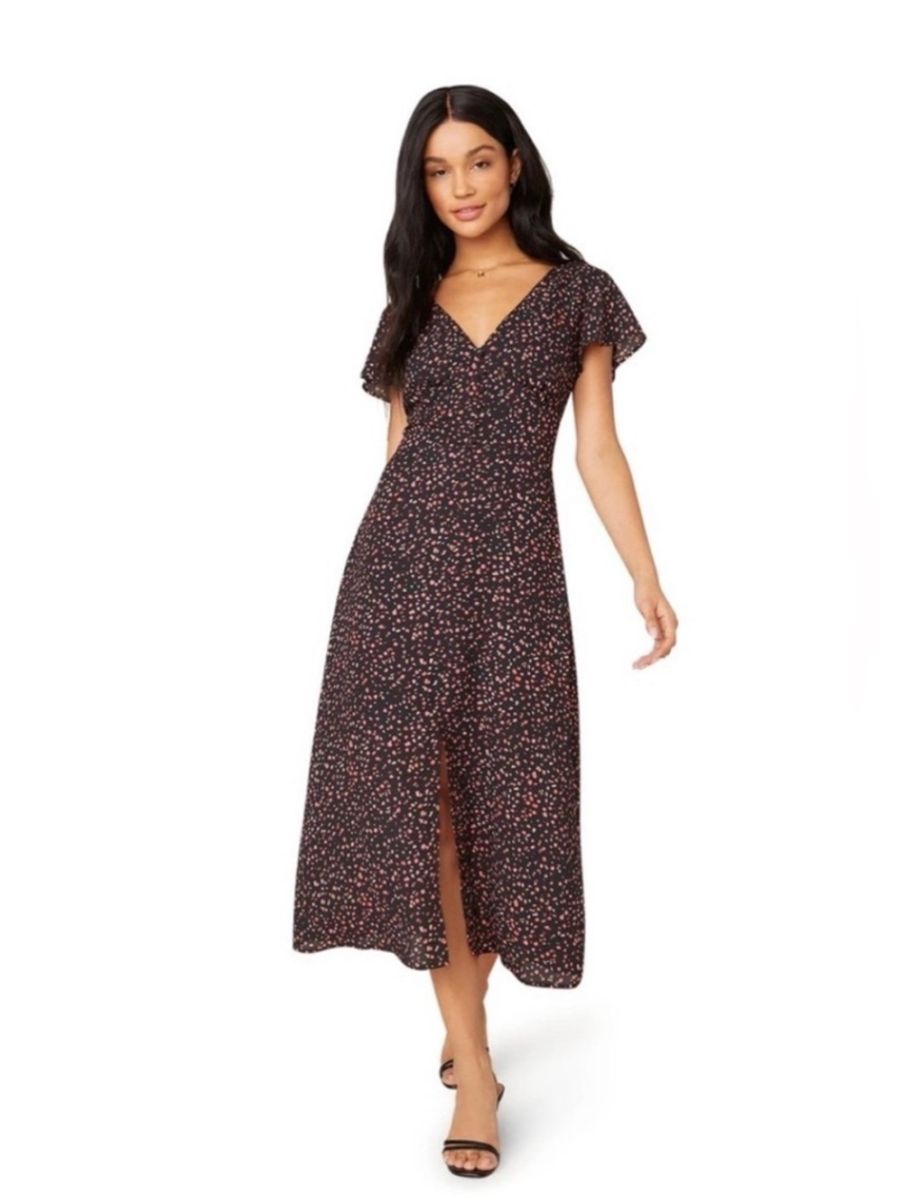 BB DAKOTA "Heavy Petals" midi dress with a V-neckline and a dark floral pattern.